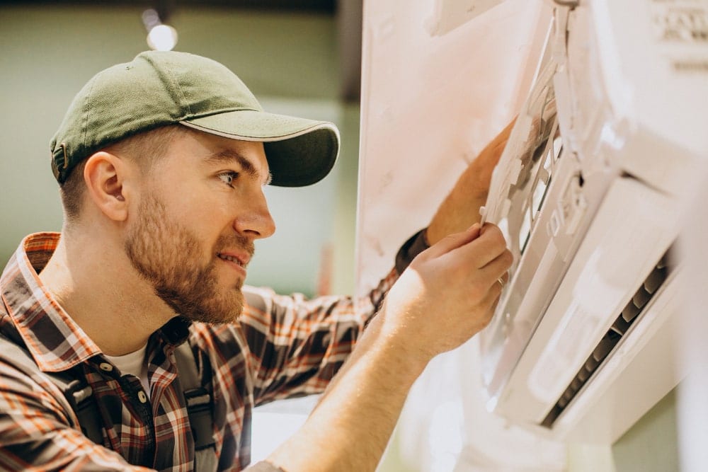 Technicien installant un climatiseur mural